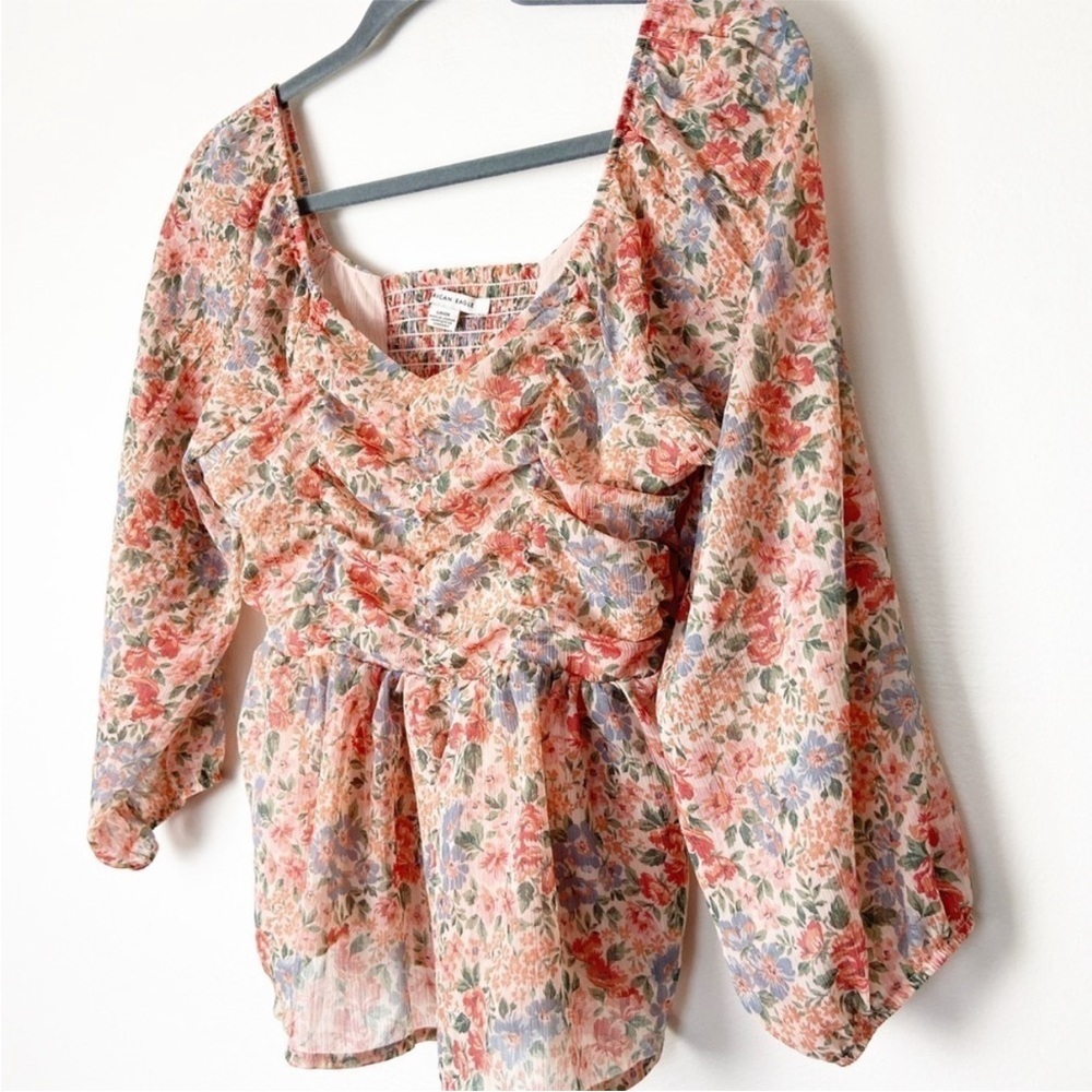 AMERICAN EAGLE •Women’s Floral Multicolor Puff Sleeve Smocked Back Blouse size S - Picture 3 of 5